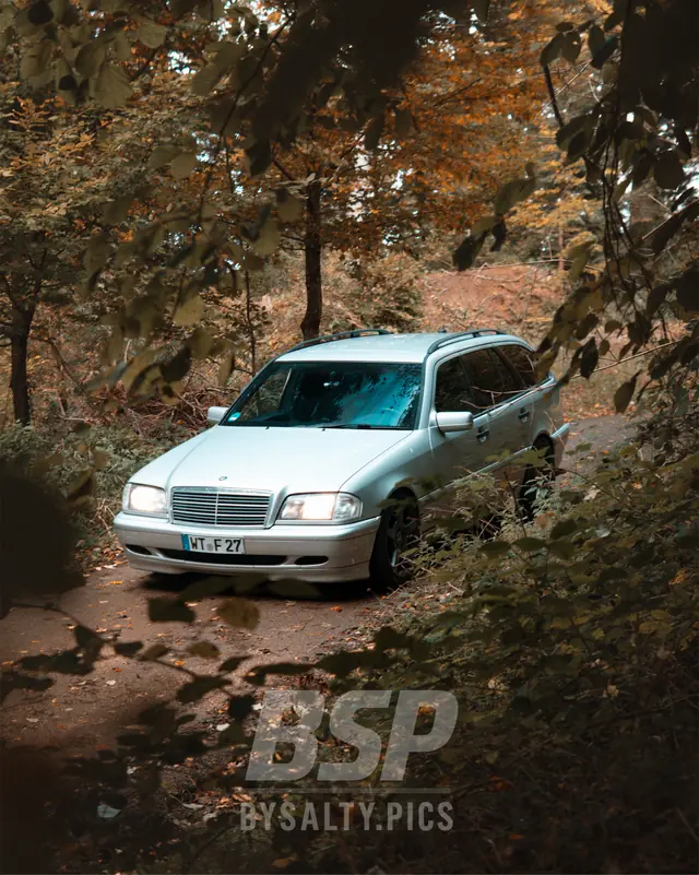 Silberne Mercedes C-Klasse im herbstlichen Wald, Autofotografie