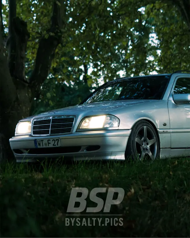 Mercedes C-Klasse im Gras, Frontpartie mit Wald im Hintergrund